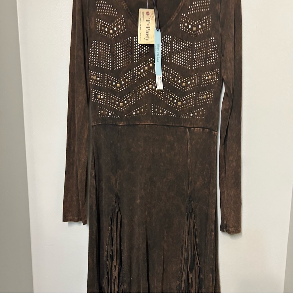 T Party Beaded Embroidered Fringe Mini Dress Mineral Wash Womens M Western Rodeo - Picture 16 of 16